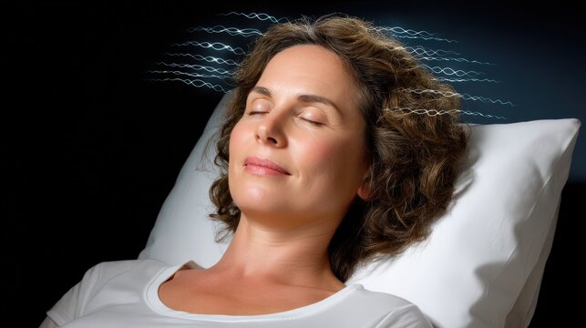Woman experiencing deep relaxation during cranial sound therapy session with therapeutic sound waves promoting mental clarity and emotional harmony in a serene atmosphere