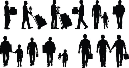 Silhouettes of people moving, carrying boxes, pushing carts, and walking with children diverse group of individuals in motion