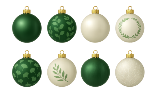 Decorative green and white Christmas ornaments with leaf designs for holiday celebrations