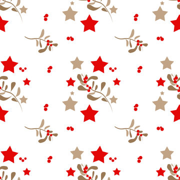 Pattern con decorazioni floreali natalizie e stelle, illustrazione isolata su sfondo bianco