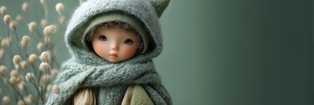 Cute doll wearing knitted green hooded cloak with big blue eyes, banner