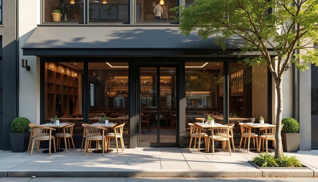 Exterior shot of a modern restaurant featuring outdoor seating. The photo showcases a stylish facade glass windows and cozy interior elements. Sunny day highlights a welcoming atmosphere