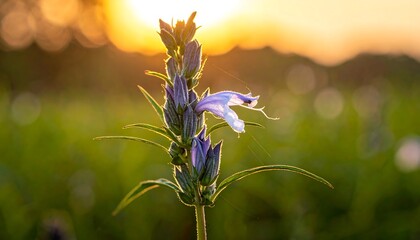 Close-up of delicate purple wildflower with subtle sunlight backdrop on a grassy field