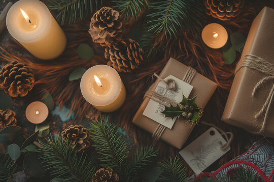 Warm candlelight and evergreen boughs create a cozy holiday ambiance, perfect for seasonal campaigns and festive greetings with pinecones and wrapped gifts