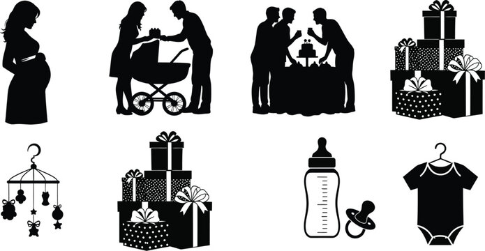Collection of baby shower icons, featuring a pregnant woman, baby stroller, gifts, stork, baby bottle - Powered by Adobe