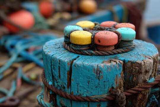 Weathered mooring post with colorful caps and rope detail at a bustling harbor, showcasing the beauty of maritime life and its rustic charm - Powered by Adobe