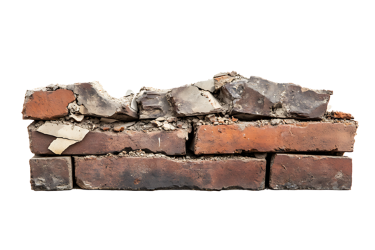 Stack of old, broken, and damaged red bricks and concrete rubble forming a rough structure isolated on transparent background