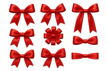 Various styles of bright red bows arranged in a grid, suitable for gift wrapping or decoration