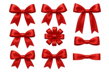 Various styles of bright red bows arranged in a grid, suitable for gift wrapping or decoration