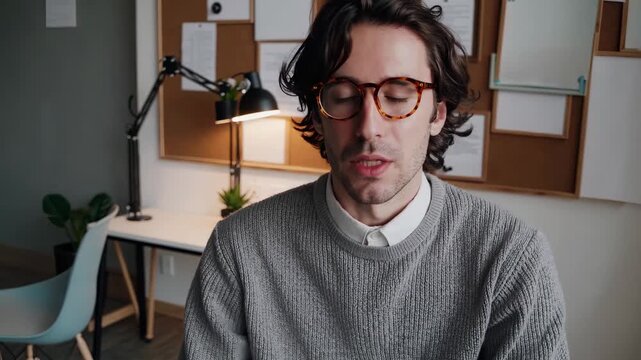Man speaking during remote video meeting. Office portrait shows professional worker. Man wears eyewear and addresses viewer. Window light and corkboard add context. Calm expression shows strong focus.