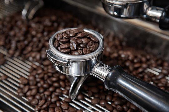 Coffee beans tamped into a portafilter for brewing at a local Cafe during a busy morning shift