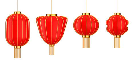 3d set red Chinese lantern with golden accents. Asian festival element. Stock vector illustration on red isolated background. © Игорь Жуков