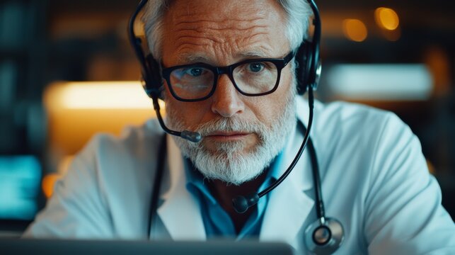 Mature Healthcare Professional in Headset and Lab Coat Engaged in Digital Consultation