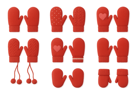 Colorful collection of red mittens with various patterns and designs suitable for winter and holiday themes