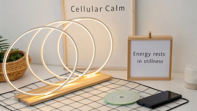 Modern desk setup with glowing lamp, motivational quote, smartphone, and decorative plant for serene workspace aesthetic