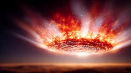 Cosmic Cataclysm: A celestial event unfolds as a fiery celestial body impacts a planetary surface, creating a visual spectacle. The image is an allegory for dramatic transformation. - Powered by Adobe