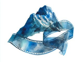 Mountain silhouette wrapped in film strip with cool granite blue watercolor background celebrating International Mountain Day