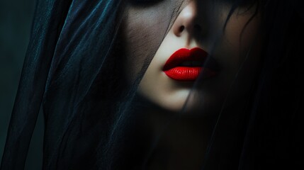 Mysterious woman with red lips and dark veil revealing half face in dramatic shadow chiaroscuro portrait