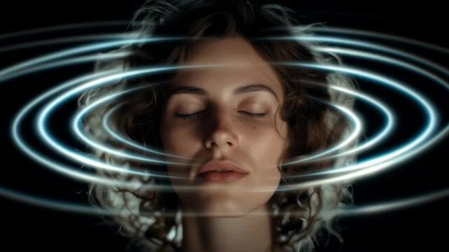 Woman with closed eyes surrounded by glowing sound rings, symbolizing relaxation, mindfulness, and immersive experience through music or meditation