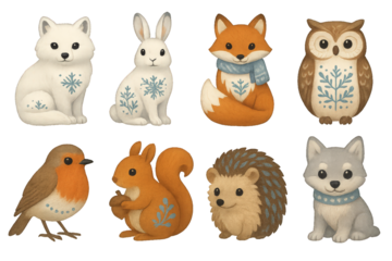 Cute forest animals with winter decorations sitting together in a cozy arrangement