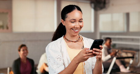 Pilates, woman and smile with phone in studio for membership renewal, sign up or health progress. Fitness, person and happy with mobile app at wellness class for online registration or exercise break