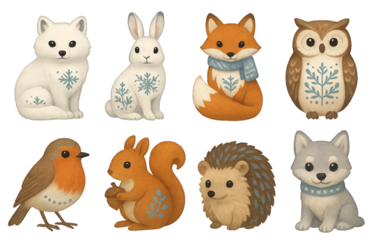 Cute forest animals with winter decorations sitting together in a cozy arrangement