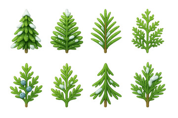 Various types of green trees with snow and decorations showcasing winter beauty and nature