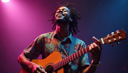 Obraz premium Black man with dreadlocks plays acoustic guitar on stage. Musician smiles, enjoys performing live music, lit by pink and blue stage lights. Entertainer sings with passion, connects with audience.