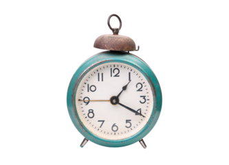Vintage alarm clock with turquoise case and antique style isolated on white background.