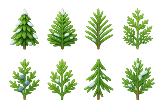 Various types of green trees with snow and decorations showcasing winter beauty and nature