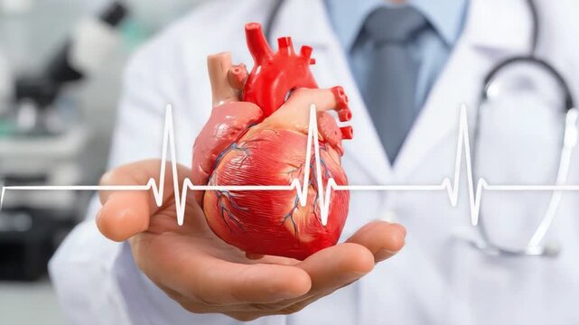 Medical Marvel: A doctor's hand delicately cradles a vibrant red human heart, overlaid with a graphic representation of a heartbeat. This image encapsulates the intersection of medical expertise.