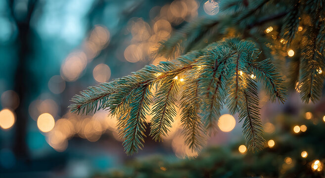Enchanting winter holiday scene with glowing lights on pine branches, bringing a festive, warm atmosphere for your seasonal projects and designs