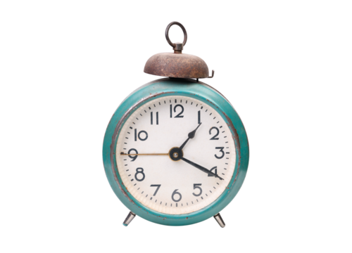 Vintage alarm clock with turquoise case and antique style isolated on white background.