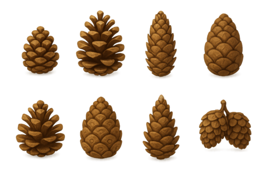 Collection of brown pinecones arranged in various shapes and sizes on a white background showcasing natural textures and forms