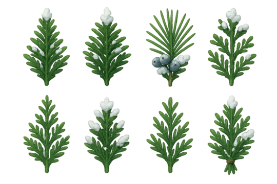 Hand-painted illustrations of winter foliage with snow accents in a simple style suitable for seasonal designs