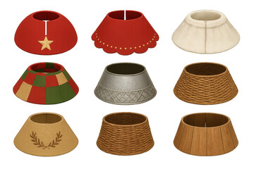 Collection of various holiday tree skirts in different colors and designs for festive decorating ideas