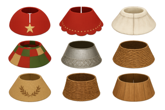 Collection of various holiday tree skirts in different colors and designs for festive decorating ideas