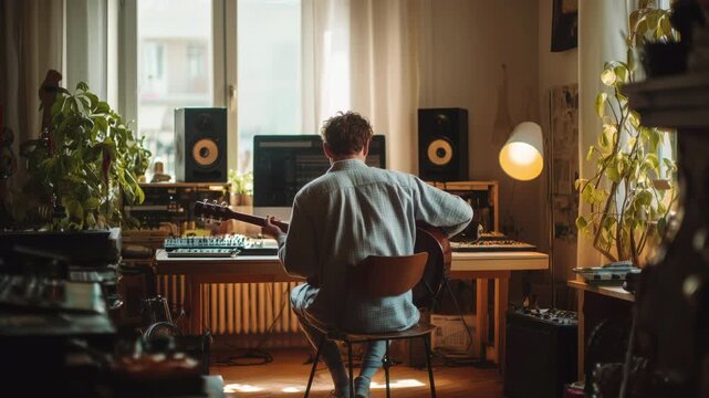 Male music producer playing an acoustic guitar while working on a new song in his home studio, creating original music and audio content in a cozy, sunlit room with professional equipment
