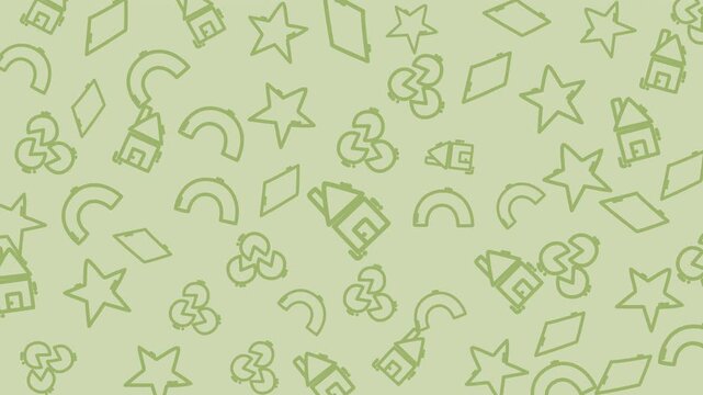 Seamless looping pattern with doodle-style stars, houses, and shapes on light green background. Playful and minimal children&rsquo;s design.