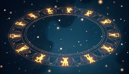 Astrology wheel illustration in luminous gold on deep midnight blues conveying celestial guidance