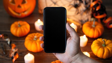 A person's hand holds a smartphone with a blank screen surrounded by festive Halloween pumpkins, candles, and spooky decor on a wooden table.