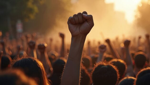 Raised fist symbolizes strength and solidarity at a protest rally. A crowd of people unite in resistance. Activists fight for freedom and human rights against oppression at sunset.