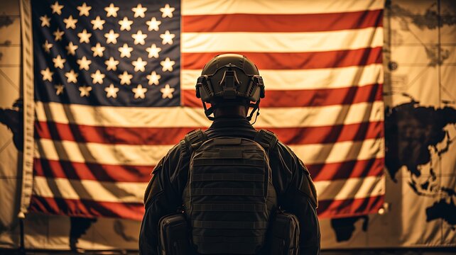 American soldier standing in front of us flag symbolizing patriotism and military service
