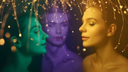 A picture of a man and woman facing each other with a sound and a bright, shimmering light.
