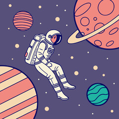 An astronaut floats in space surrounded by planets and stars in a cartoon style © Tiya