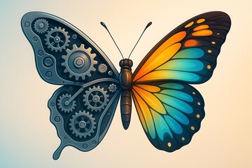 Illustration of a butterfly transitioning from mechanical gears on one wing to organic colorful patterns on the other, soft gradient lighting, concept of harmony between technology and nature