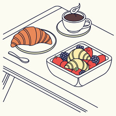Breakfast tray with croissant, coffee, and berries