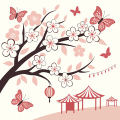 Cherry blossom branch with butterflies and oriental buildings