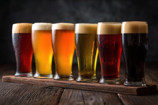 Craft beer tasting experience featuring a variety of unique brews displayed in a row on a wooden board