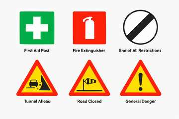 Flat Vector Icon Set of 6 General Safety and Ending Traffic Signs. First Aid, Tunnel, Road Closed Symbols Collection. © Xos Contributor 